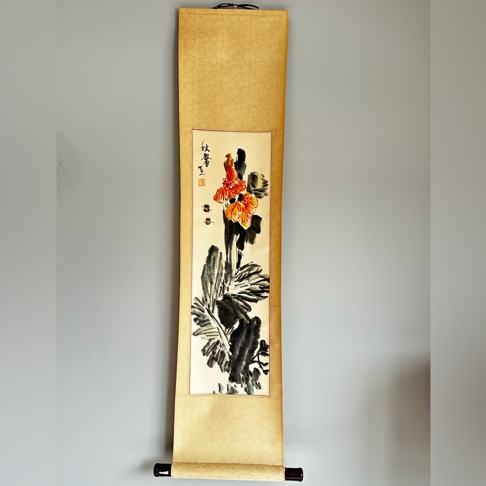 Vintage Chinese Hand Painted Floral Scroll Ink Art Wall Hanging w/ Box
